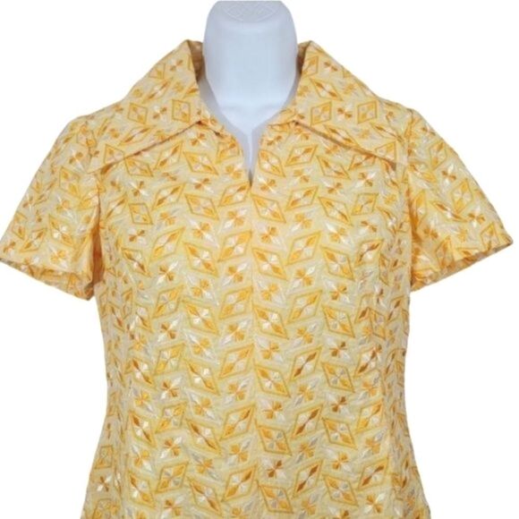 NEW Vintage Handcrafted 60's 70's Geometric Embroidered Yellow Mod Dress Size M - Picture 5 of 13